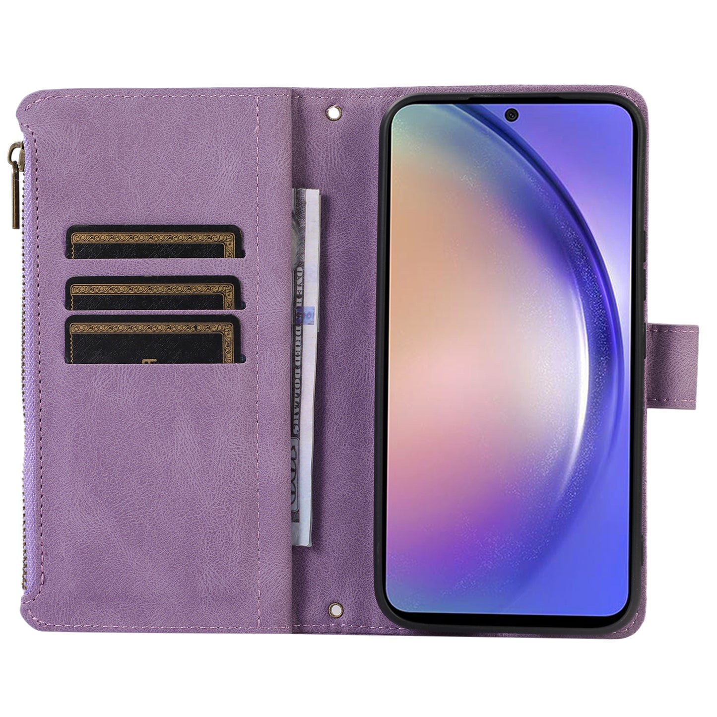 For Samsung Galaxy A24 4G Zipper Pocket Wallet Stand Phone Case 9 Card Slots Imprinted Leather Shell