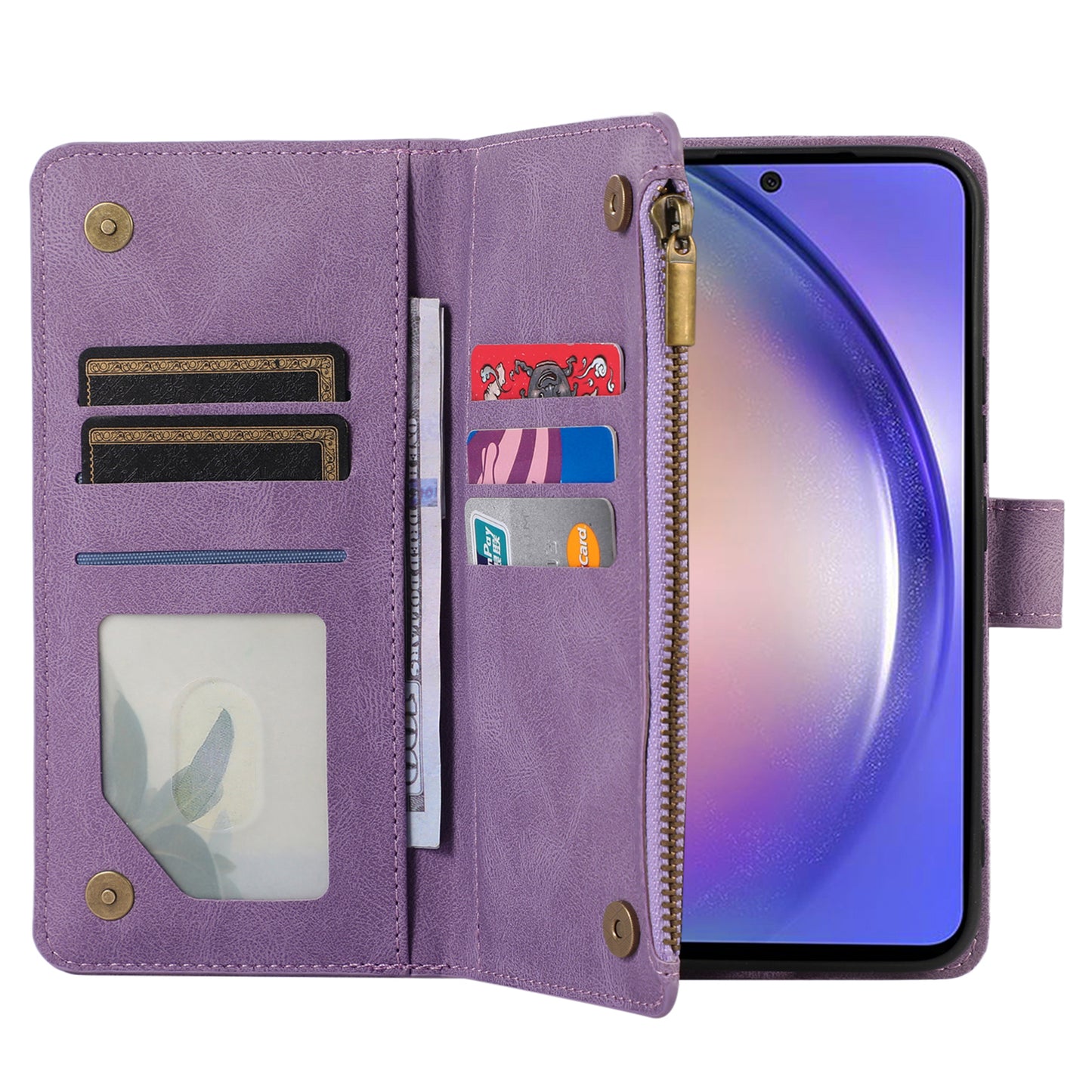 For Samsung Galaxy A24 4G Zipper Pocket Wallet Stand Phone Case 9 Card Slots Imprinted Leather Shell