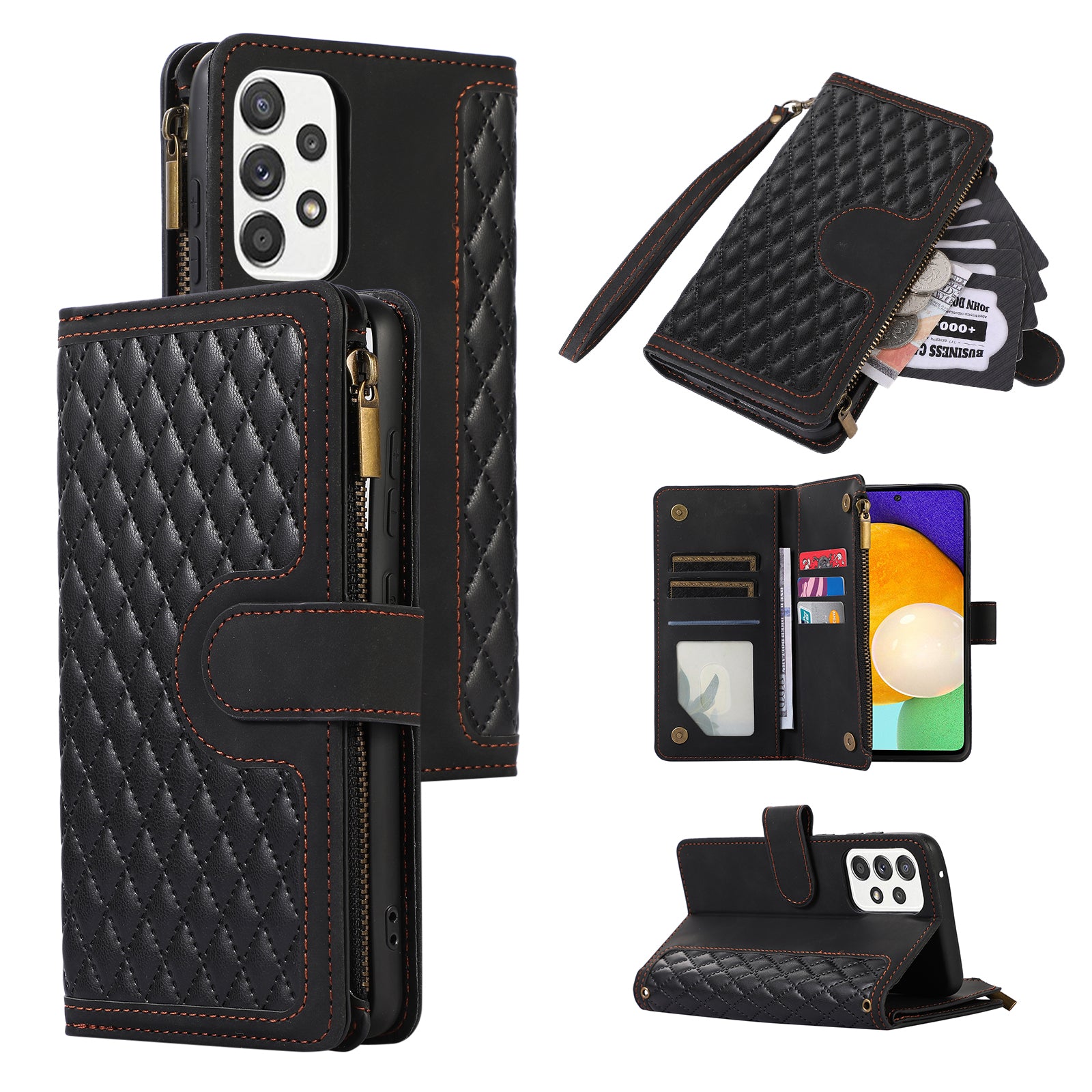 For Samsung Galaxy A53 5G Zipper Pocket Leather Stand Wallet Shell 9 Card Slots Rhombus Grid Phone Case