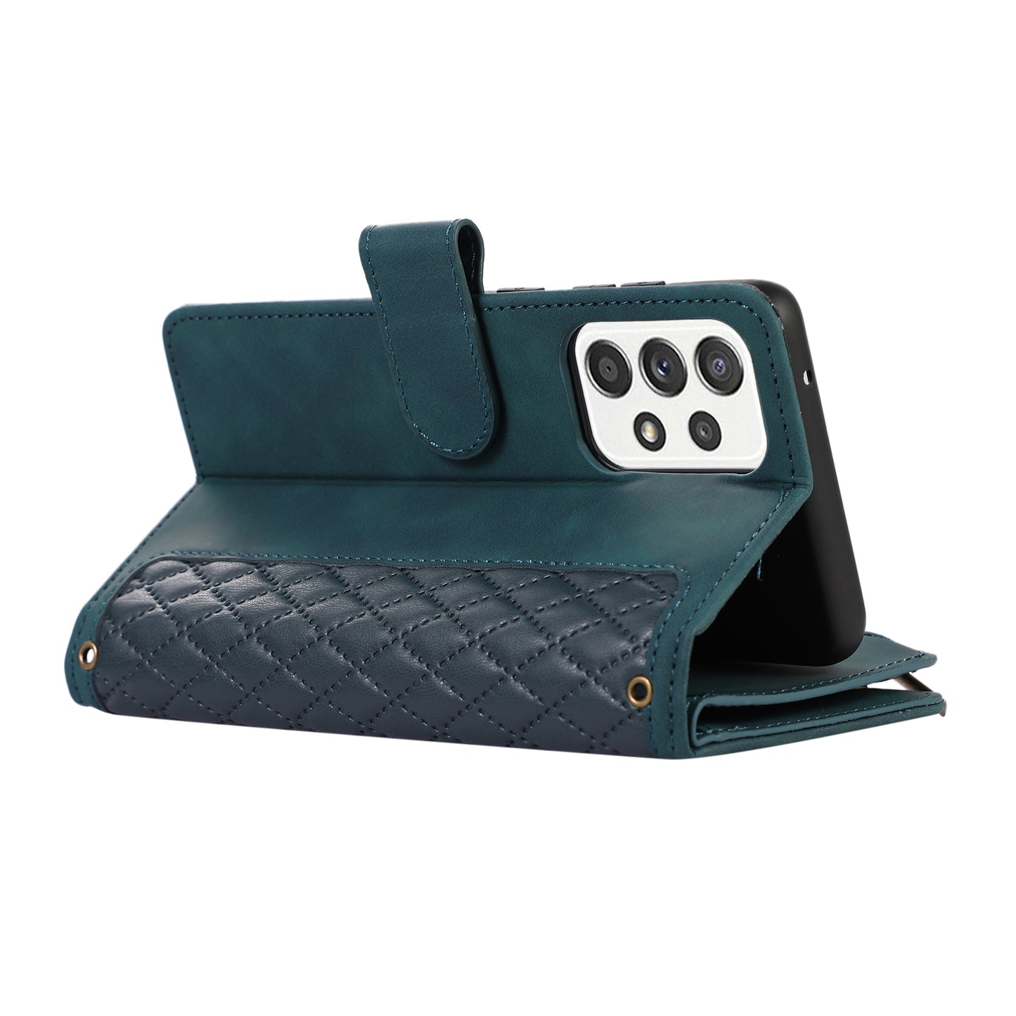 For Samsung Galaxy A53 5G Zipper Pocket Leather Stand Wallet Shell 9 Card Slots Rhombus Grid Phone Case