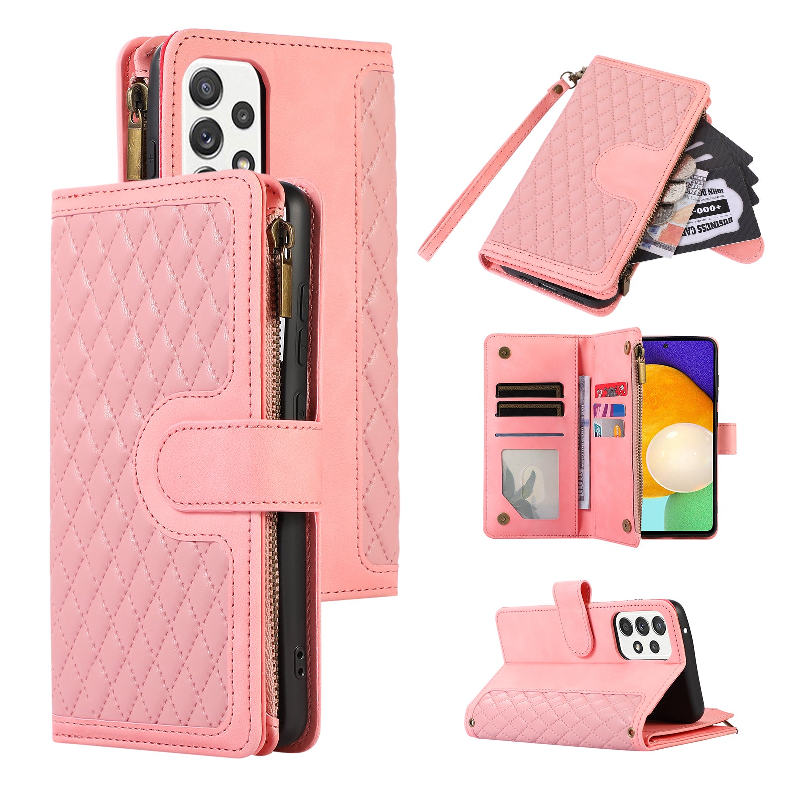 For Samsung Galaxy A53 5G Zipper Pocket Leather Stand Wallet Shell 9 Card Slots Rhombus Grid Phone Case