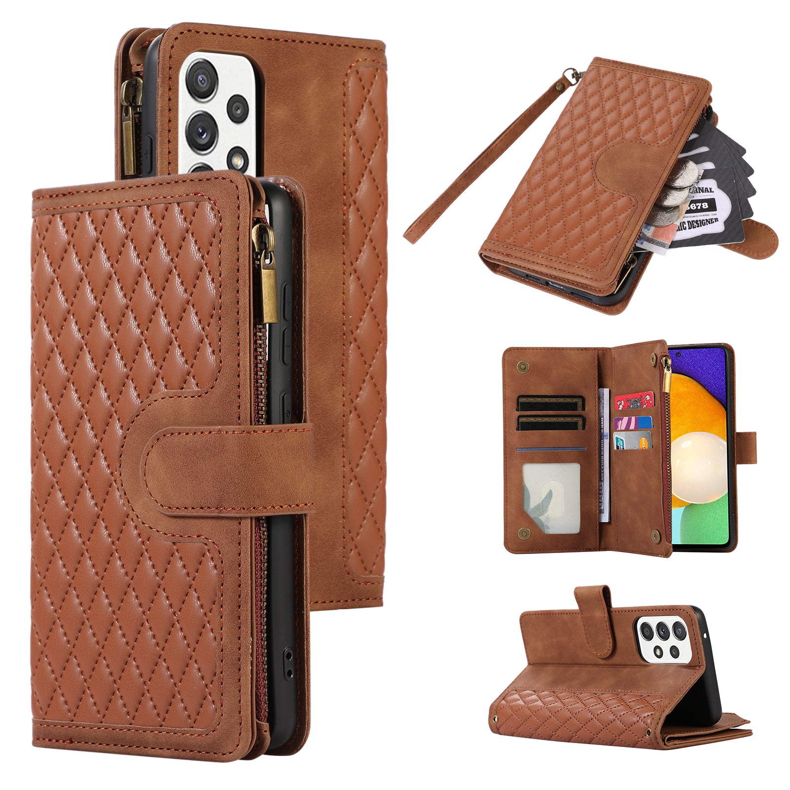 For Samsung Galaxy A32 5G / M32 5G Rhombus Design Zipper Pocket Leather Phone Case  9 Card Slots Wallet Stand Cover