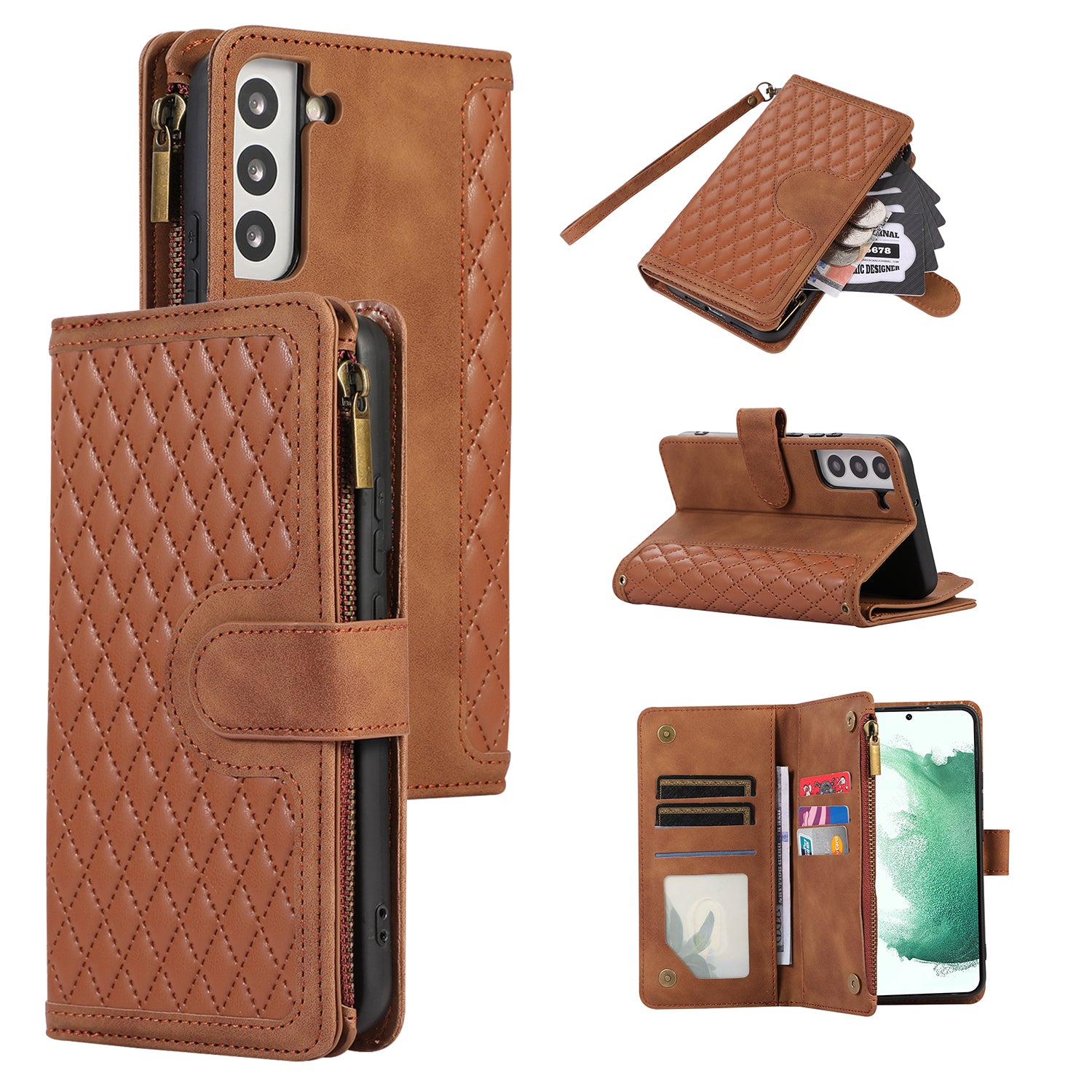 For Samsung Galaxy S21 FE 5G Zipper Pocket 9 Card Slots Phone Case PU Leather Wallet Stand Anti-drop Cover