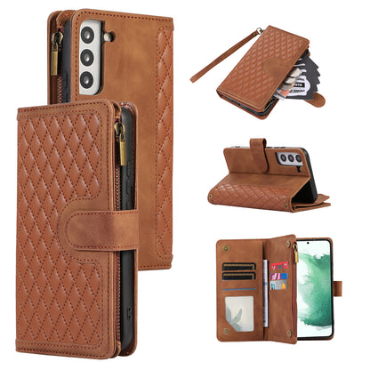 For Samsung Galaxy S21 FE 5G Zipper Pocket 9 Card Slots Phone Case PU Leather Wallet Stand Anti-drop Cover