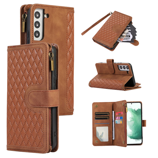 For Samsung Galaxy S21 FE 5G Zipper Pocket 9 Card Slots Phone Case PU Leather Wallet Stand Anti-drop Cover