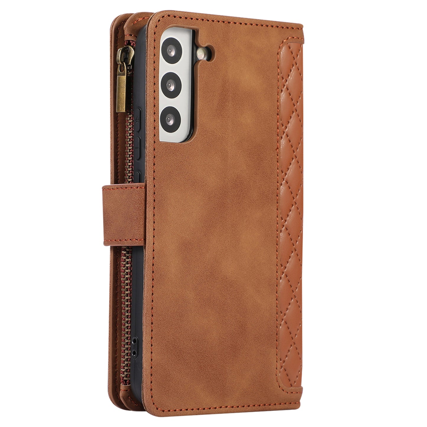 For Samsung Galaxy S21 FE 5G Zipper Pocket 9 Card Slots Phone Case PU Leather Wallet Stand Anti-drop Cover
