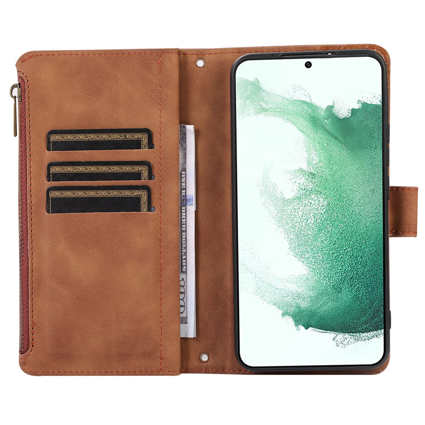 For Samsung Galaxy S21 FE 5G Zipper Pocket 9 Card Slots Phone Case PU Leather Wallet Stand Anti-drop Cover