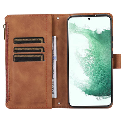 For Samsung Galaxy S21 FE 5G Zipper Pocket 9 Card Slots Phone Case PU Leather Wallet Stand Anti-drop Cover