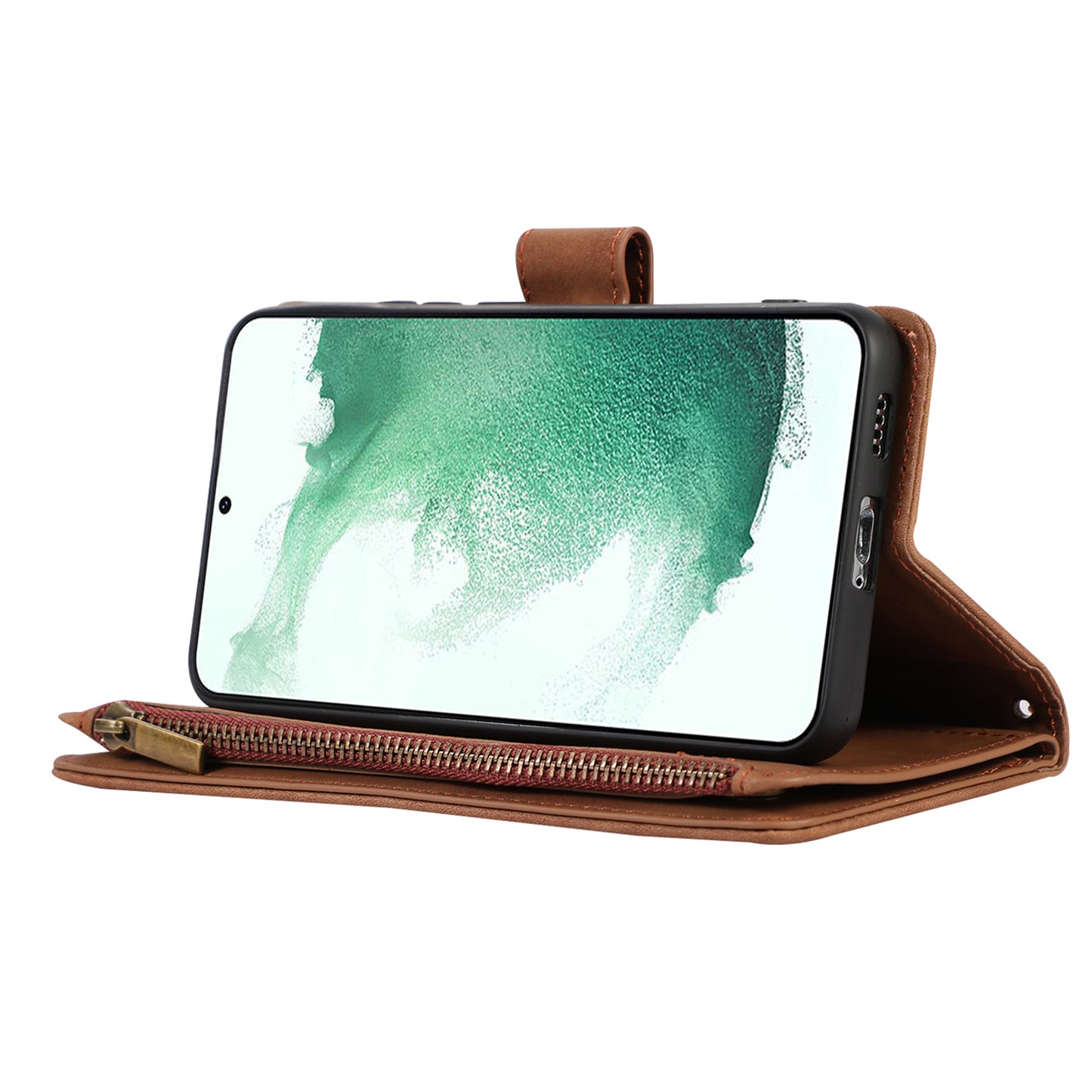 For Samsung Galaxy S21 FE 5G Zipper Pocket 9 Card Slots Phone Case PU Leather Wallet Stand Anti-drop Cover