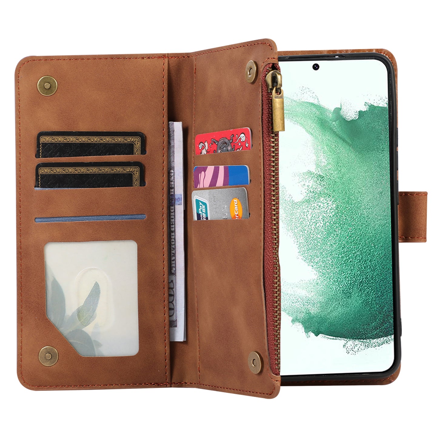 For Samsung Galaxy S21 FE 5G Zipper Pocket 9 Card Slots Phone Case PU Leather Wallet Stand Anti-drop Cover