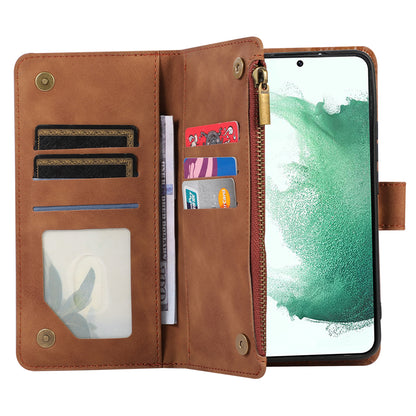 For Samsung Galaxy S21 FE 5G Zipper Pocket 9 Card Slots Phone Case PU Leather Wallet Stand Anti-drop Cover