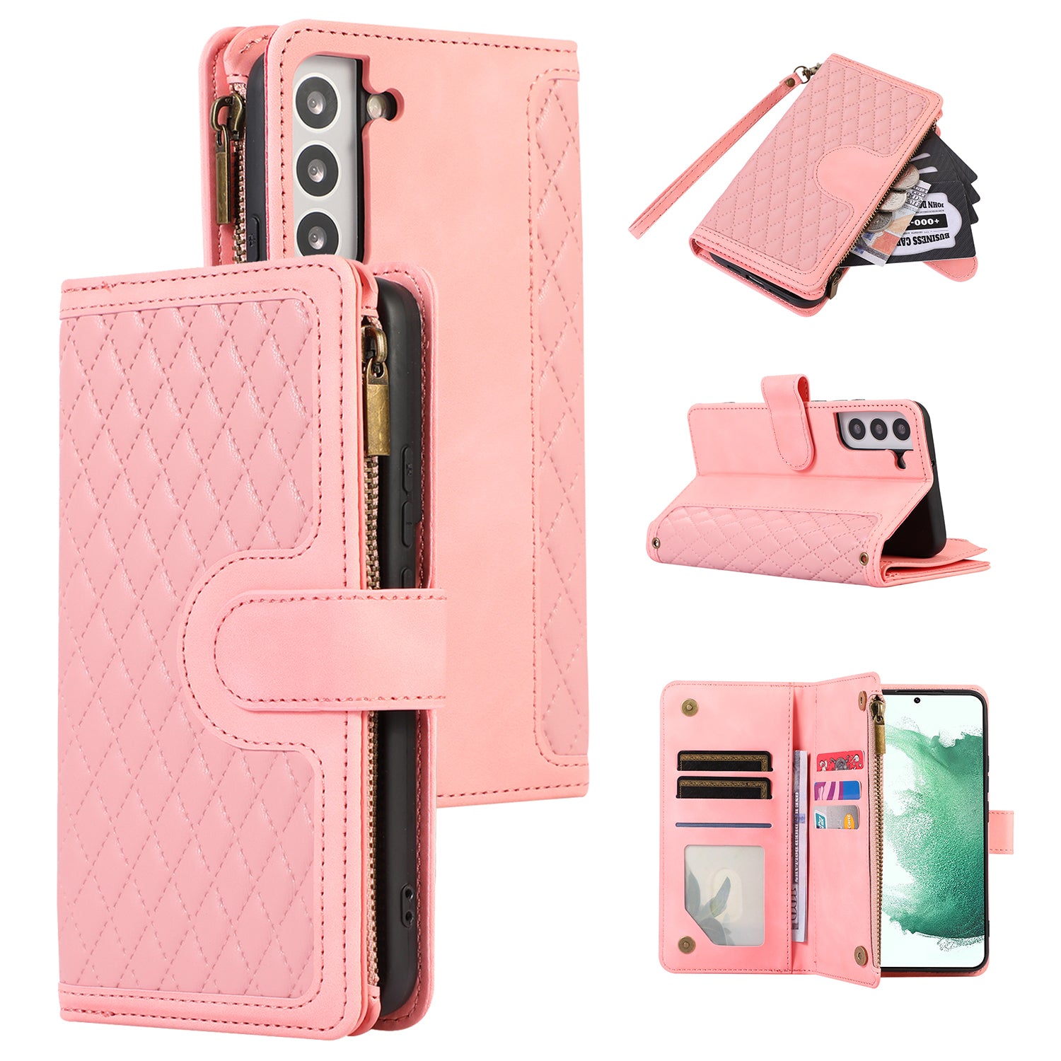 For Samsung Galaxy S21 FE 5G Zipper Pocket 9 Card Slots Phone Case PU Leather Wallet Stand Anti-drop Cover