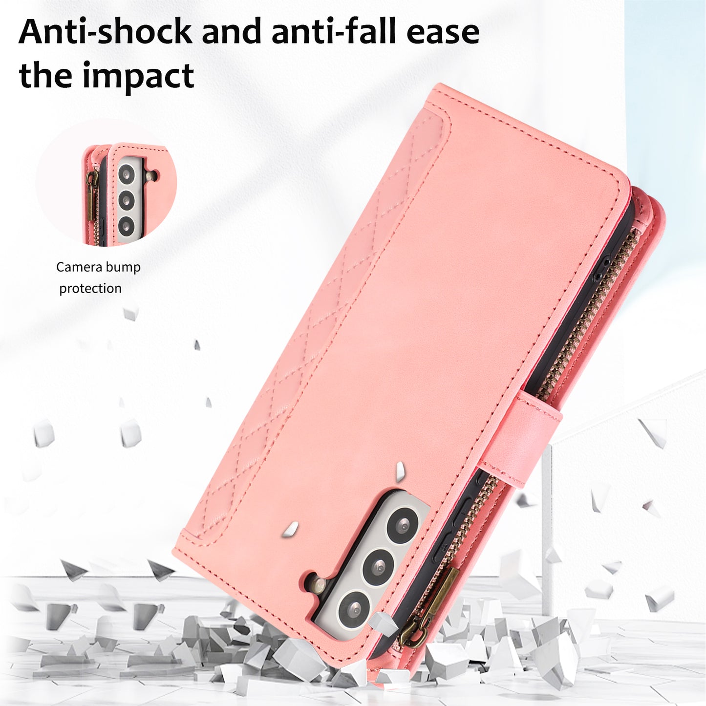 For Samsung Galaxy S21 FE 5G Zipper Pocket 9 Card Slots Phone Case PU Leather Wallet Stand Anti-drop Cover