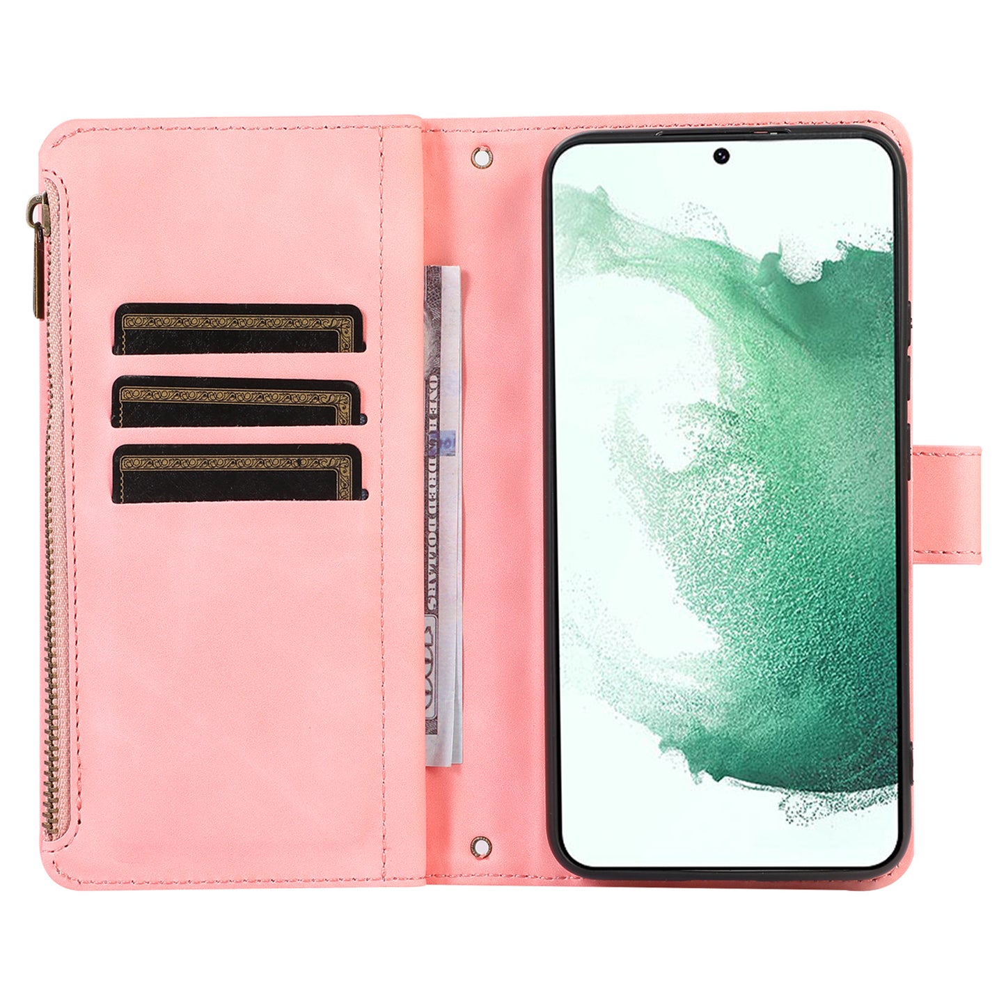 For Samsung Galaxy S21 FE 5G Zipper Pocket 9 Card Slots Phone Case PU Leather Wallet Stand Anti-drop Cover