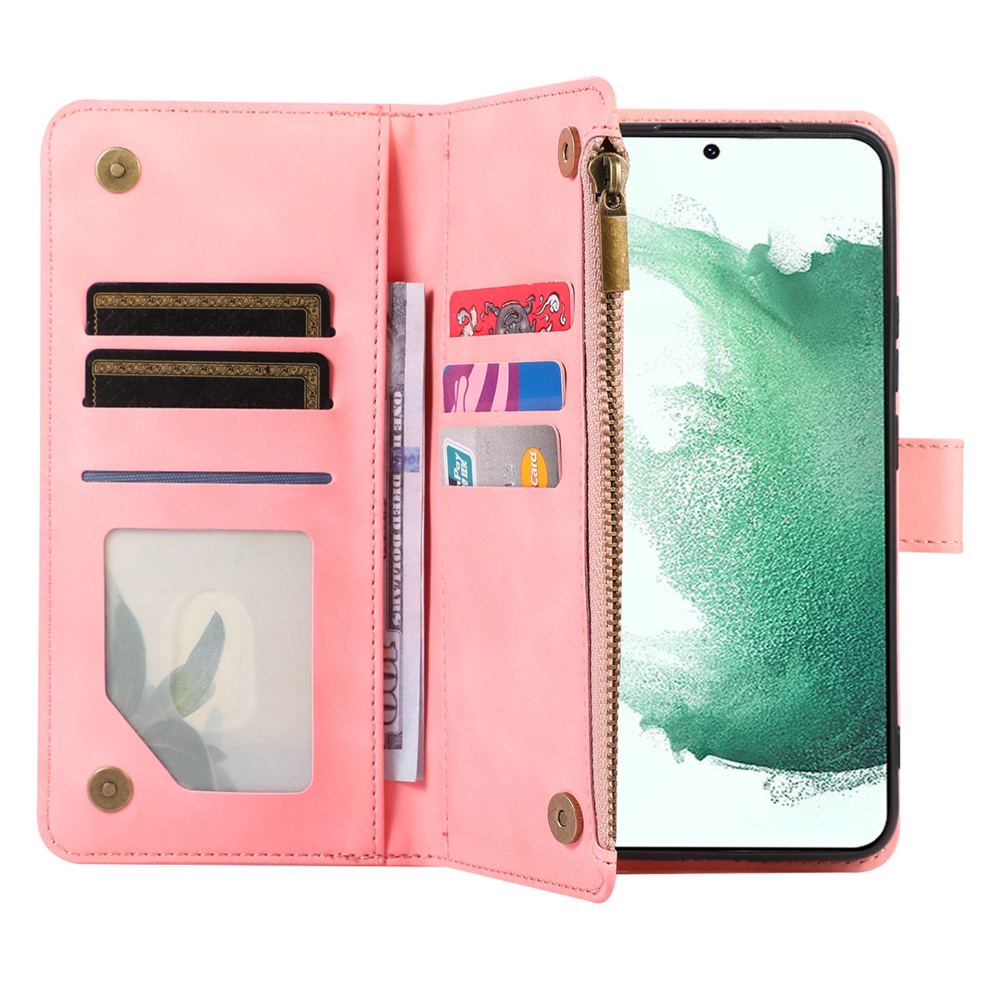 For Samsung Galaxy S21 FE 5G Zipper Pocket 9 Card Slots Phone Case PU Leather Wallet Stand Anti-drop Cover