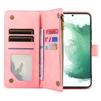 For Samsung Galaxy S21 FE 5G Zipper Pocket 9 Card Slots Phone Case PU Leather Wallet Stand Anti-drop Cover