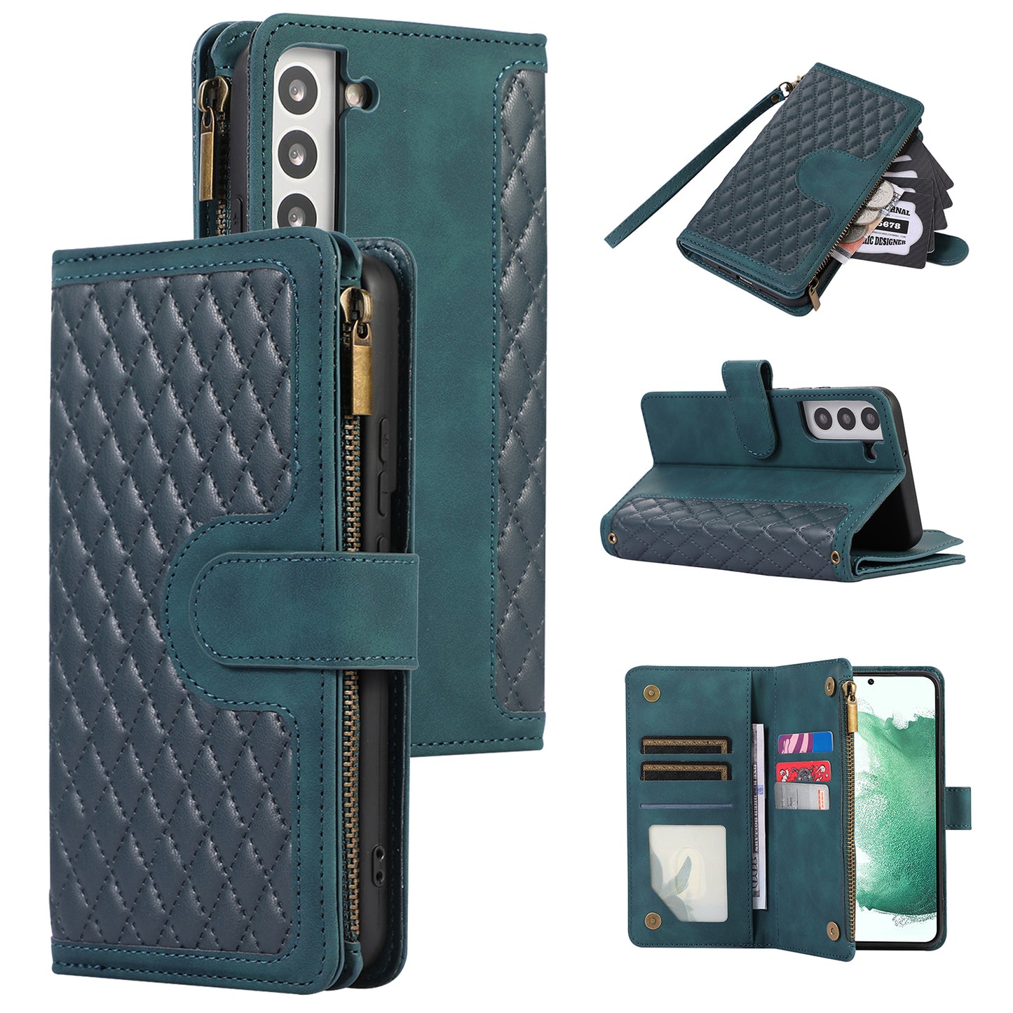 For Samsung Galaxy S21 FE 5G Zipper Pocket 9 Card Slots Phone Case PU Leather Wallet Stand Anti-drop Cover