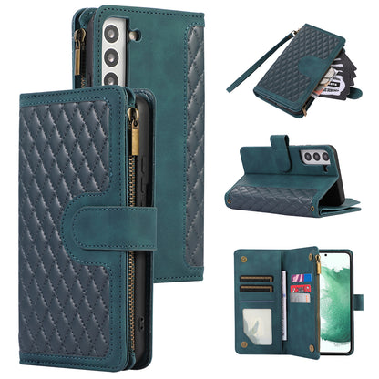 For Samsung Galaxy S21 FE 5G Zipper Pocket 9 Card Slots Phone Case PU Leather Wallet Stand Anti-drop Cover