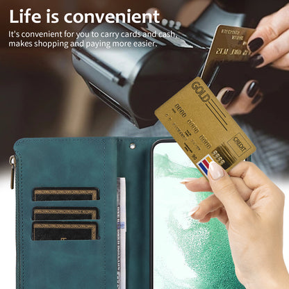 For Samsung Galaxy S21 FE 5G Zipper Pocket 9 Card Slots Phone Case PU Leather Wallet Stand Anti-drop Cover