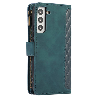 For Samsung Galaxy S21 FE 5G Zipper Pocket 9 Card Slots Phone Case PU Leather Wallet Stand Anti-drop Cover