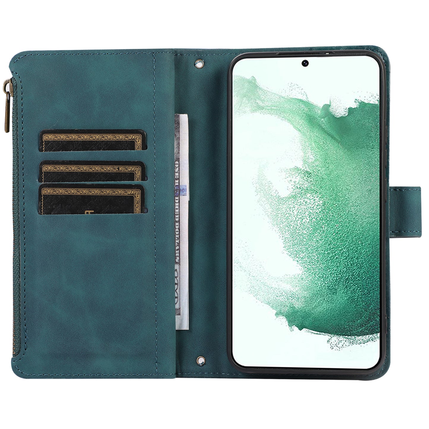 For Samsung Galaxy S21 FE 5G Zipper Pocket 9 Card Slots Phone Case PU Leather Wallet Stand Anti-drop Cover