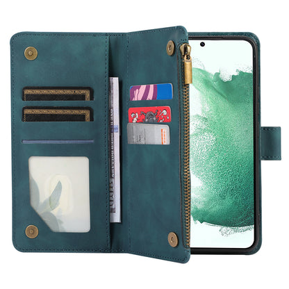 For Samsung Galaxy S21 FE 5G Zipper Pocket 9 Card Slots Phone Case PU Leather Wallet Stand Anti-drop Cover