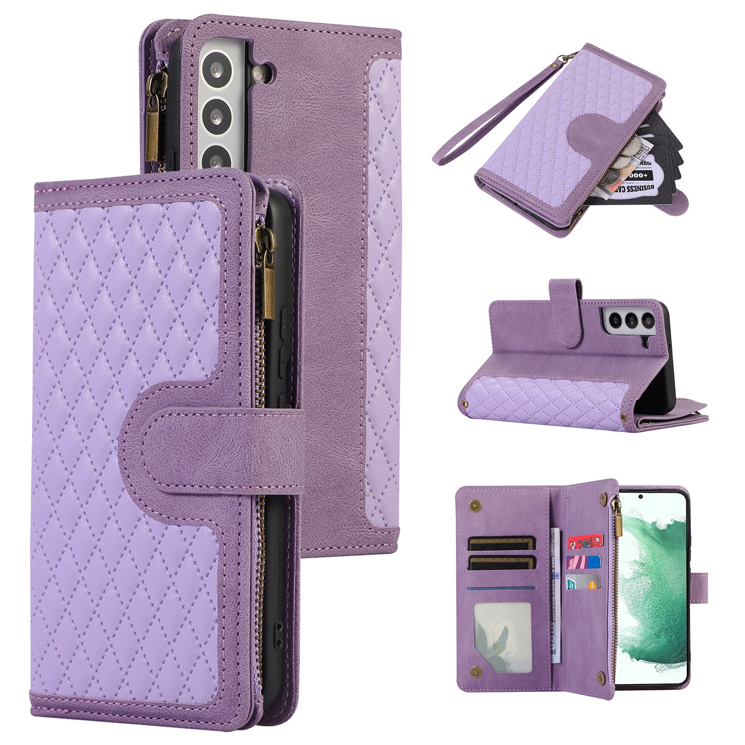 For Samsung Galaxy S21 FE 5G Zipper Pocket 9 Card Slots Phone Case PU Leather Wallet Stand Anti-drop Cover