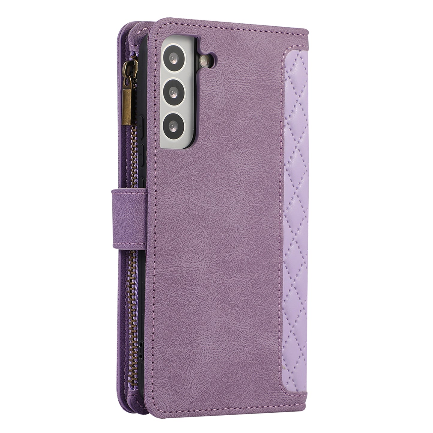 For Samsung Galaxy S21 FE 5G Zipper Pocket 9 Card Slots Phone Case PU Leather Wallet Stand Anti-drop Cover