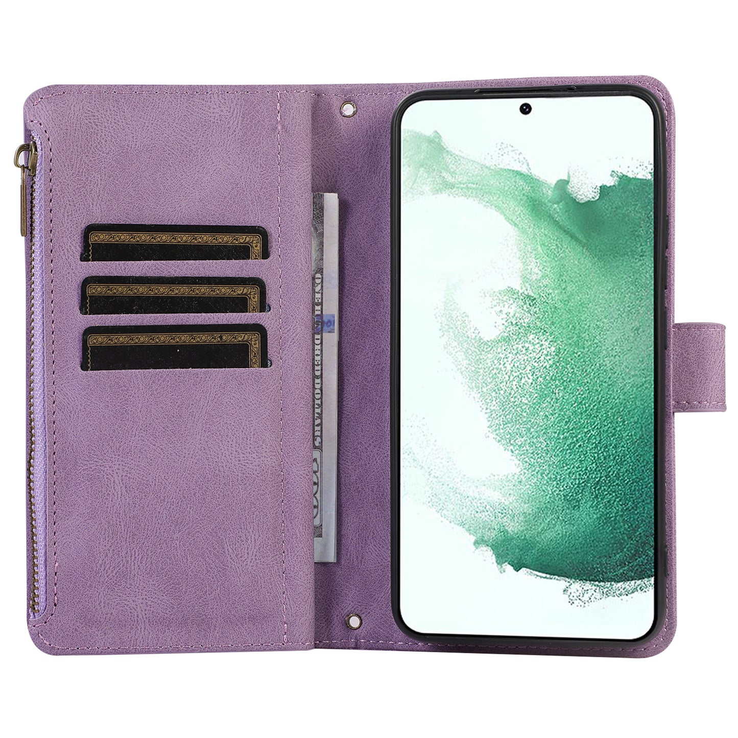 For Samsung Galaxy S21 FE 5G Zipper Pocket 9 Card Slots Phone Case PU Leather Wallet Stand Anti-drop Cover