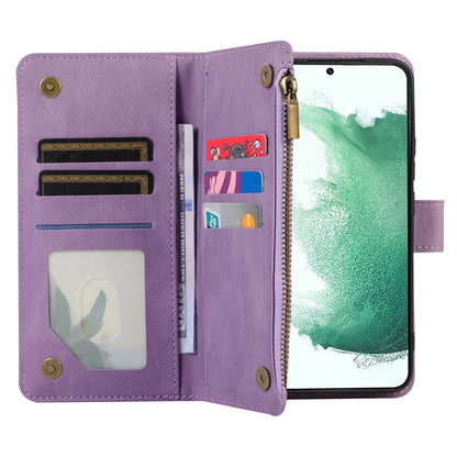 For Samsung Galaxy S21 FE 5G Zipper Pocket 9 Card Slots Phone Case PU Leather Wallet Stand Anti-drop Cover