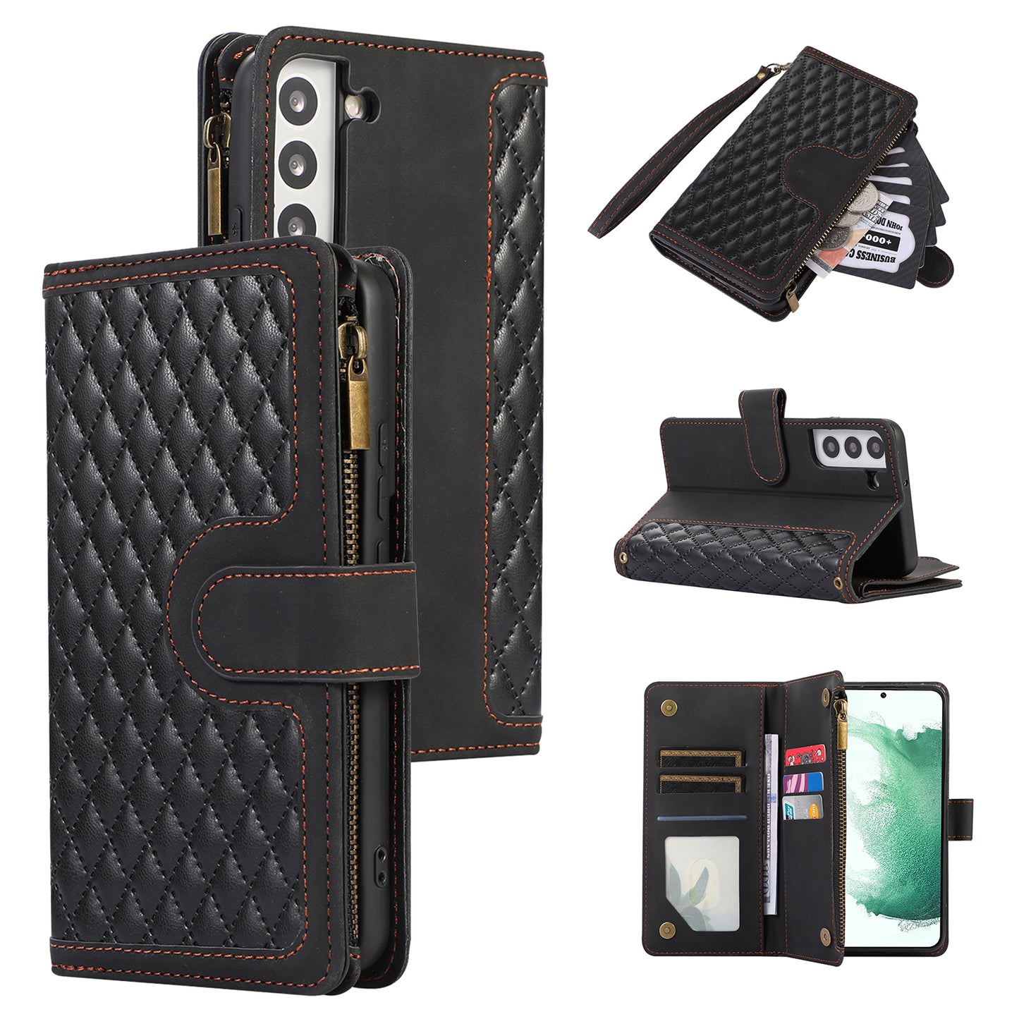 For Samsung Galaxy S21 FE 5G Zipper Pocket 9 Card Slots Phone Case PU Leather Wallet Stand Anti-drop Cover