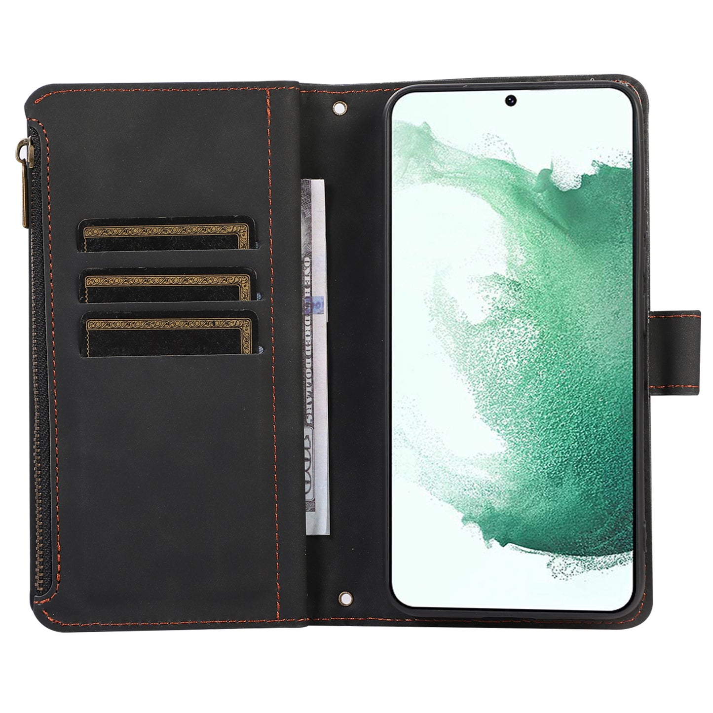 For Samsung Galaxy S21 FE 5G Zipper Pocket 9 Card Slots Phone Case PU Leather Wallet Stand Anti-drop Cover