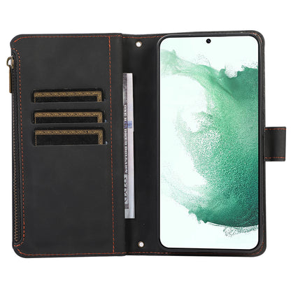 For Samsung Galaxy S21 FE 5G Zipper Pocket 9 Card Slots Phone Case PU Leather Wallet Stand Anti-drop Cover