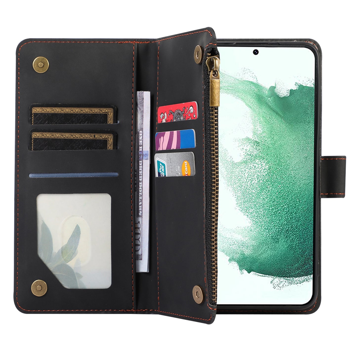 For Samsung Galaxy S21 FE 5G Zipper Pocket 9 Card Slots Phone Case PU Leather Wallet Stand Anti-drop Cover