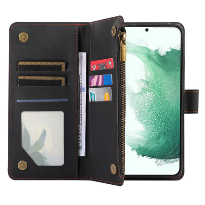 For Samsung Galaxy S21 FE 5G Zipper Pocket 9 Card Slots Phone Case PU Leather Wallet Stand Anti-drop Cover