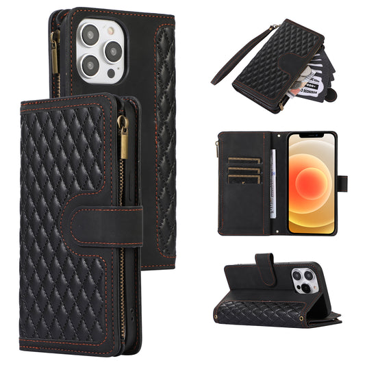 For iPhone 12 / 12 Pro 6.1 inch Zipper Pocket Leather Protective Shell Wallet Stand Phone Case with 9 Card Slots