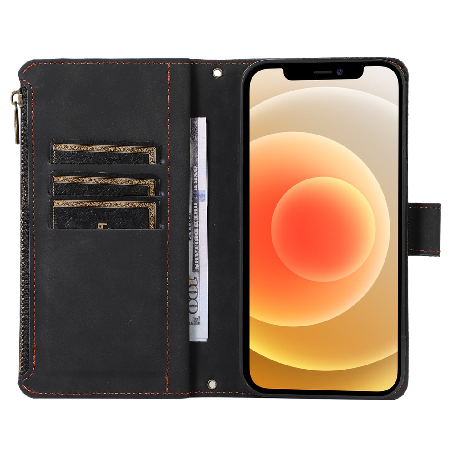 For iPhone 12 / 12 Pro 6.1 inch Zipper Pocket Leather Protective Shell Wallet Stand Phone Case with 9 Card Slots