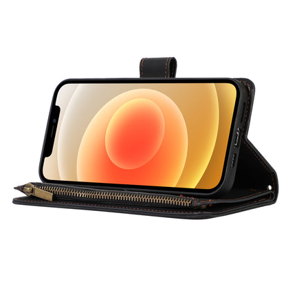 For iPhone 12 / 12 Pro 6.1 inch Zipper Pocket Leather Protective Shell Wallet Stand Phone Case with 9 Card Slots