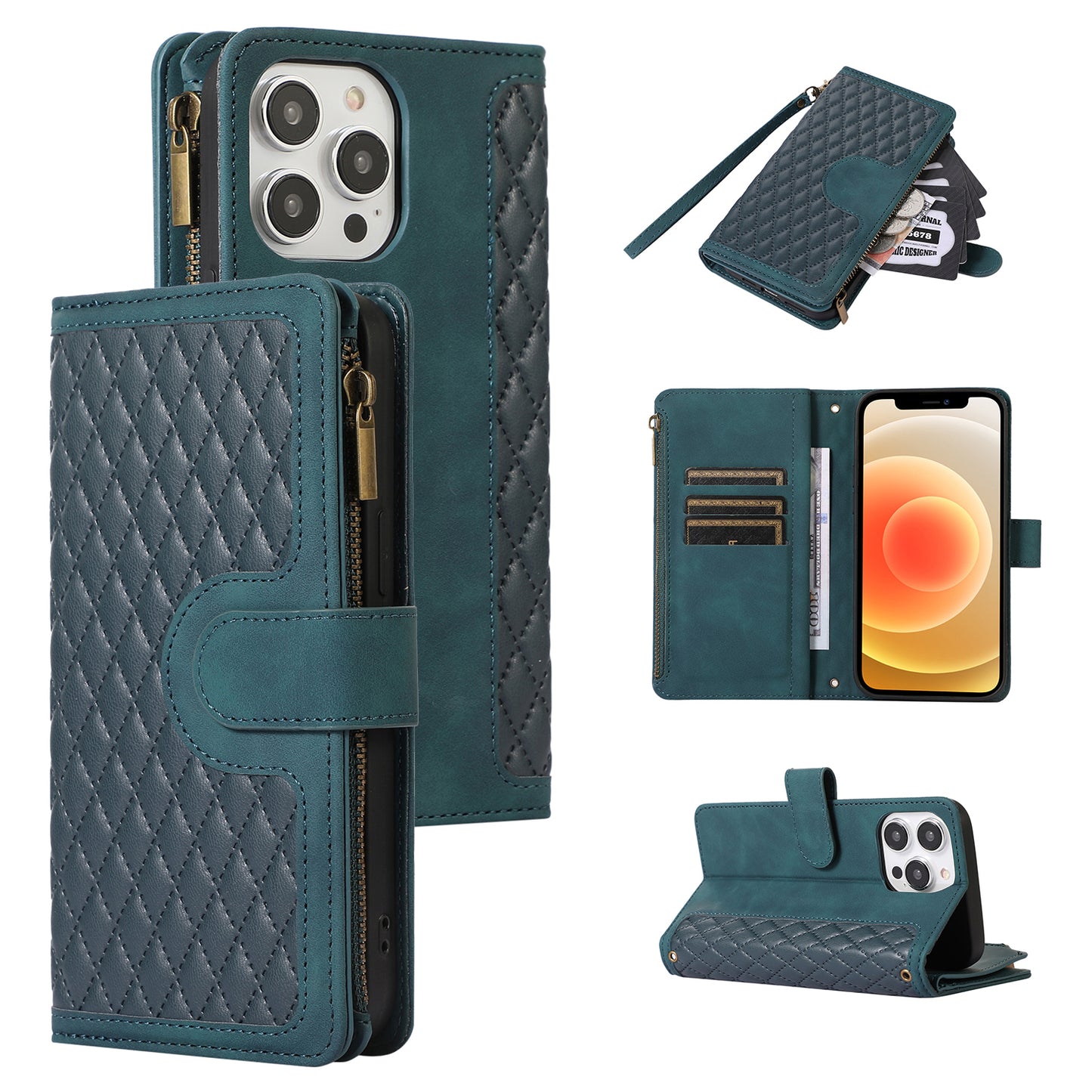 For iPhone 12 / 12 Pro 6.1 inch Zipper Pocket Leather Protective Shell Wallet Stand Phone Case with 9 Card Slots