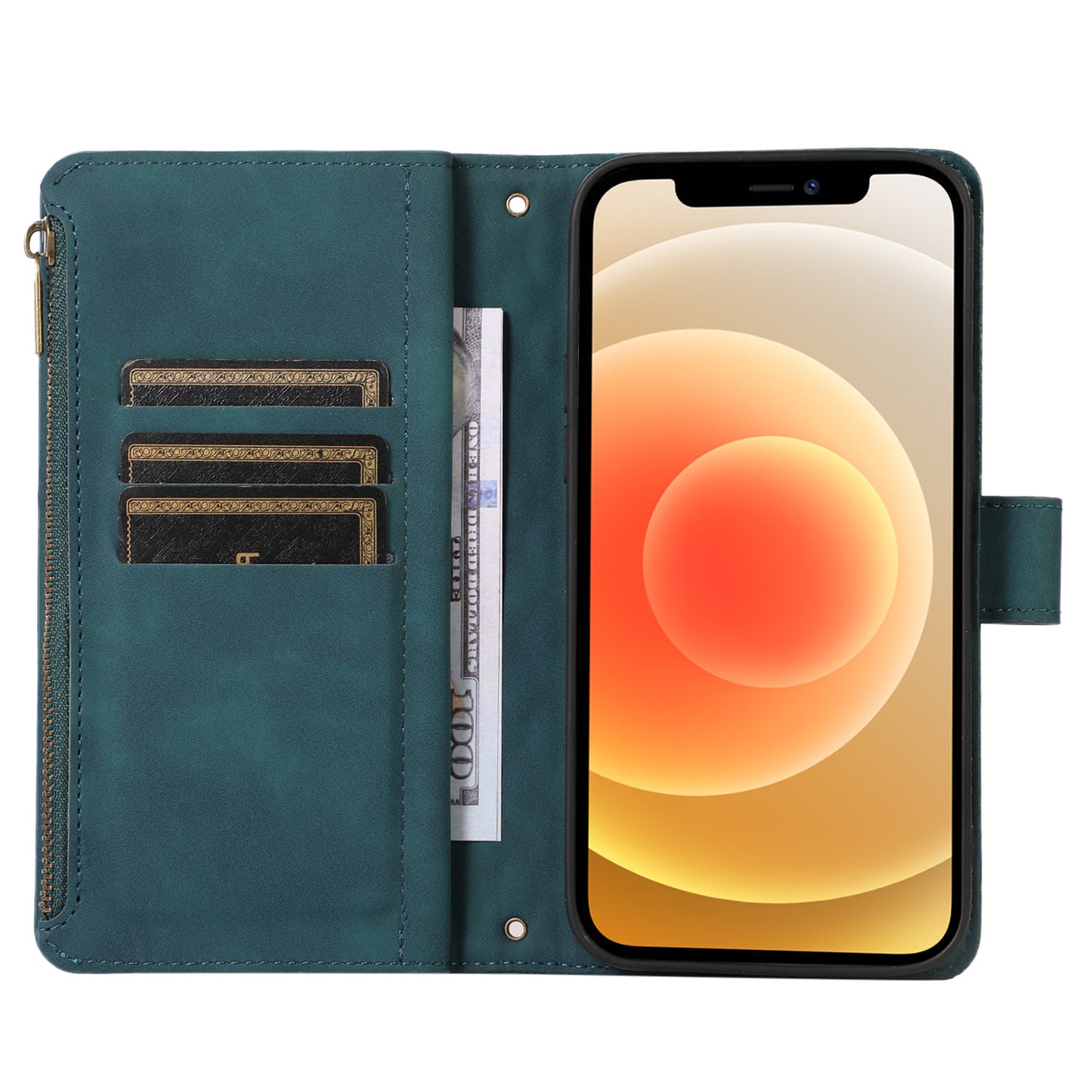 For iPhone 12 / 12 Pro 6.1 inch Zipper Pocket Leather Protective Shell Wallet Stand Phone Case with 9 Card Slots