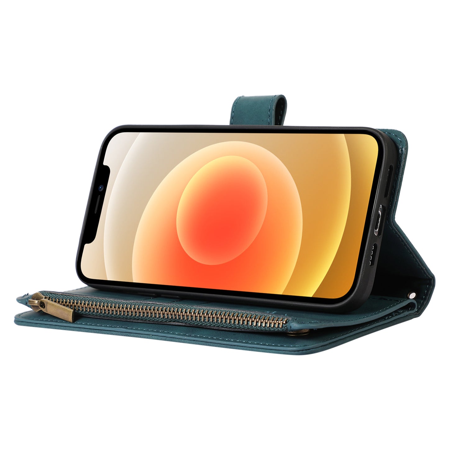 For iPhone 12 / 12 Pro 6.1 inch Zipper Pocket Leather Protective Shell Wallet Stand Phone Case with 9 Card Slots