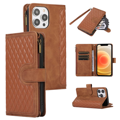 For iPhone 12 / 12 Pro 6.1 inch Zipper Pocket Leather Protective Shell Wallet Stand Phone Case with 9 Card Slots