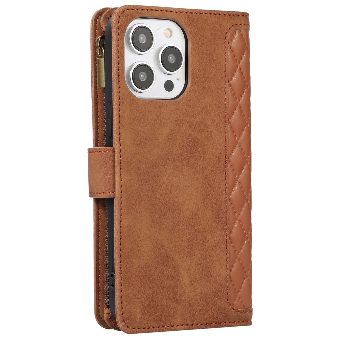 For iPhone 12 / 12 Pro 6.1 inch Zipper Pocket Leather Protective Shell Wallet Stand Phone Case with 9 Card Slots