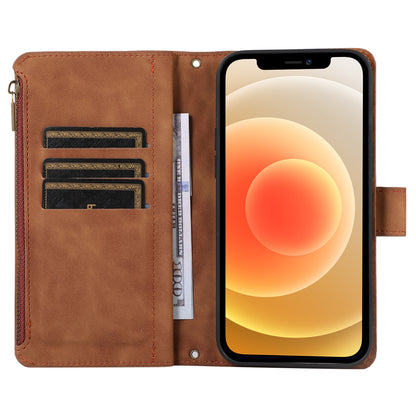 For iPhone 12 / 12 Pro 6.1 inch Zipper Pocket Leather Protective Shell Wallet Stand Phone Case with 9 Card Slots