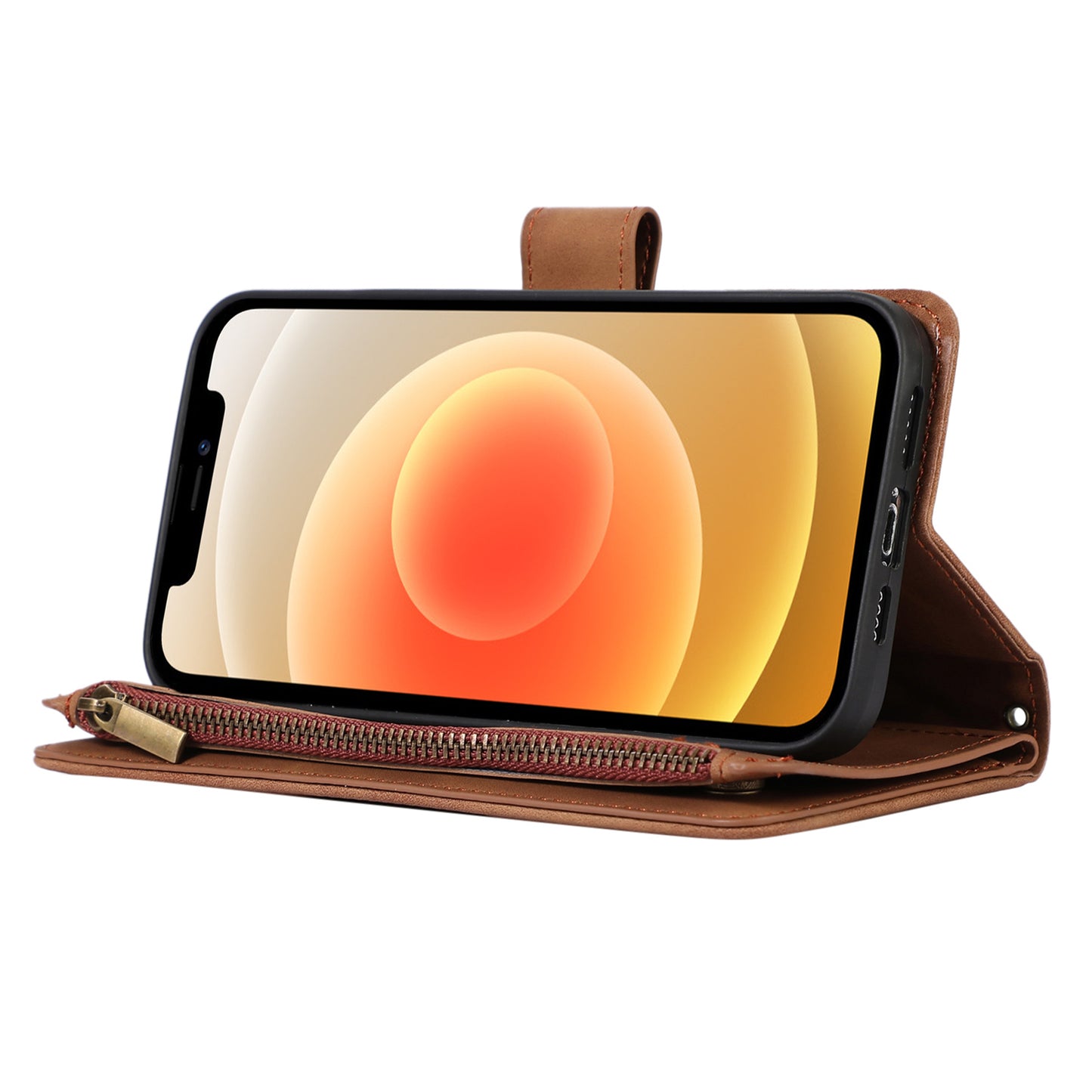 For iPhone 12 / 12 Pro 6.1 inch Zipper Pocket Leather Protective Shell Wallet Stand Phone Case with 9 Card Slots