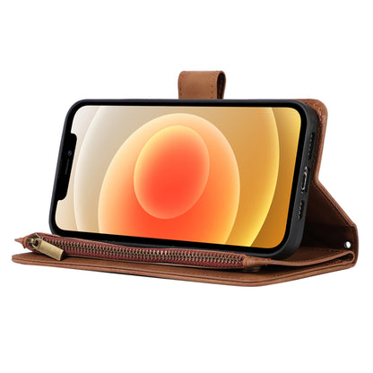 For iPhone 12 / 12 Pro 6.1 inch Zipper Pocket Leather Protective Shell Wallet Stand Phone Case with 9 Card Slots