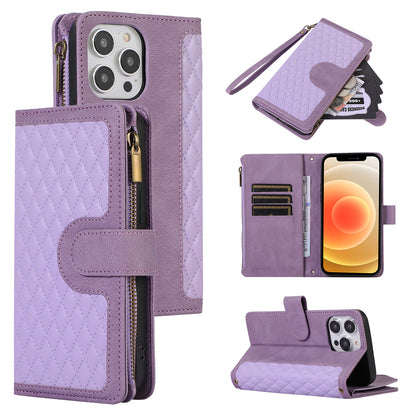 For iPhone 12 / 12 Pro 6.1 inch Zipper Pocket Leather Protective Shell Wallet Stand Phone Case with 9 Card Slots