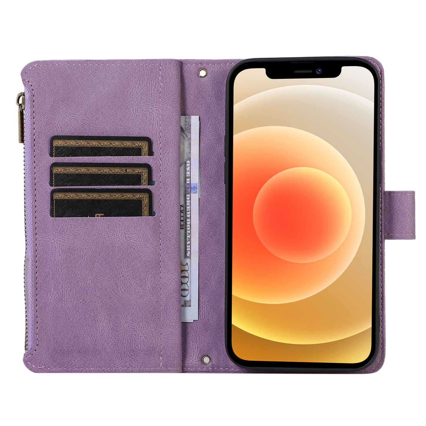 For iPhone 12 / 12 Pro 6.1 inch Zipper Pocket Leather Protective Shell Wallet Stand Phone Case with 9 Card Slots