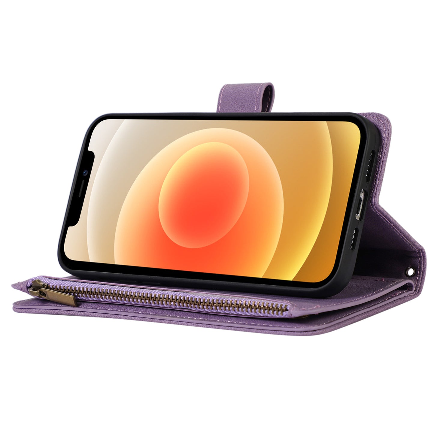 For iPhone 12 / 12 Pro 6.1 inch Zipper Pocket Leather Protective Shell Wallet Stand Phone Case with 9 Card Slots