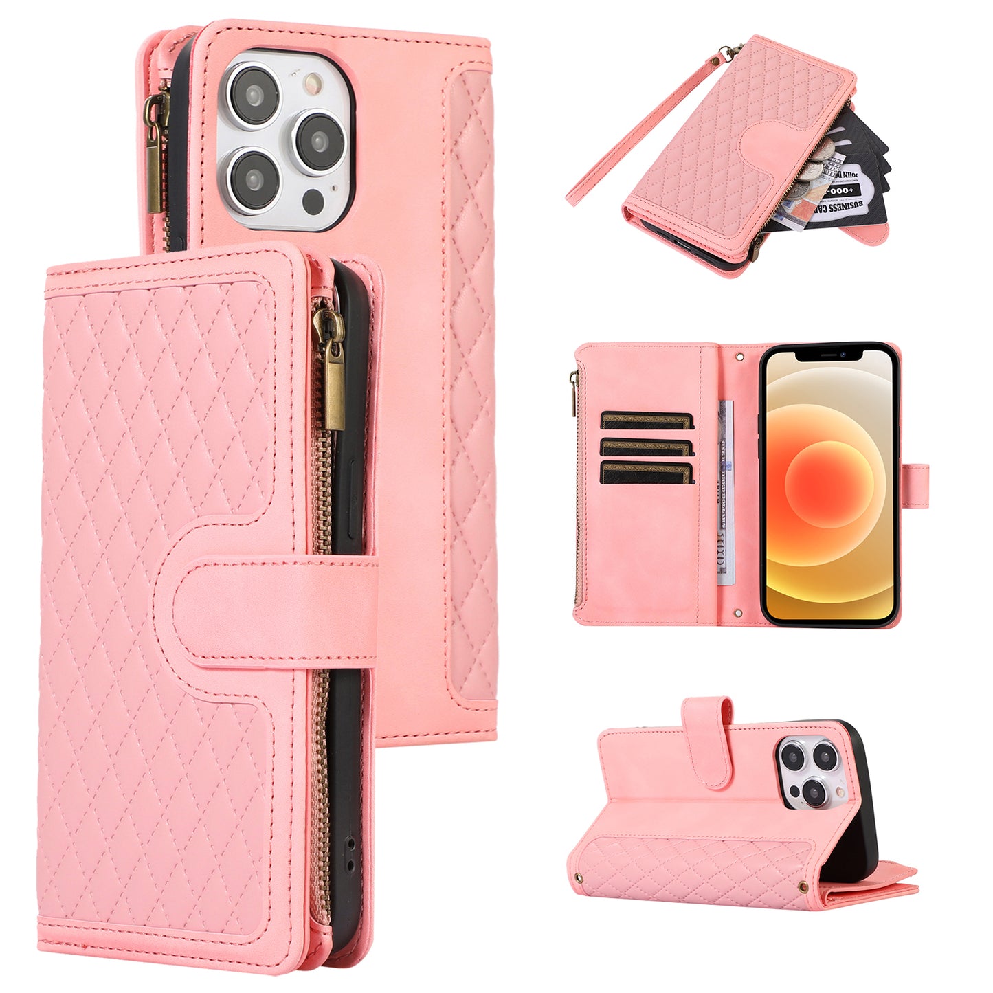 For iPhone 12 / 12 Pro 6.1 inch Zipper Pocket Leather Protective Shell Wallet Stand Phone Case with 9 Card Slots